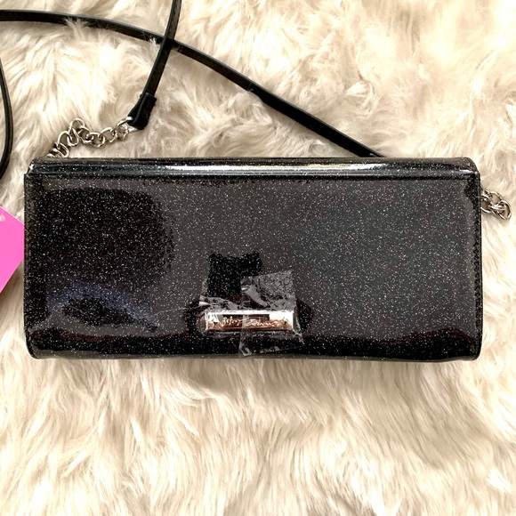 NWT BETSEY JOHNSON BLACK PATENT XOLYLA SHIMMER/GLITTER PURSE CLUTCH WITH BOW - Picture 8 of 12
